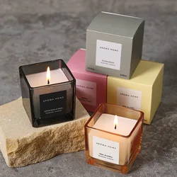 Ins Style Vintage Square Glass Jar Scented Candle Essential Oils Soy Wax Candle Aromatherapy Home Decoration Birthday Xmas Gift