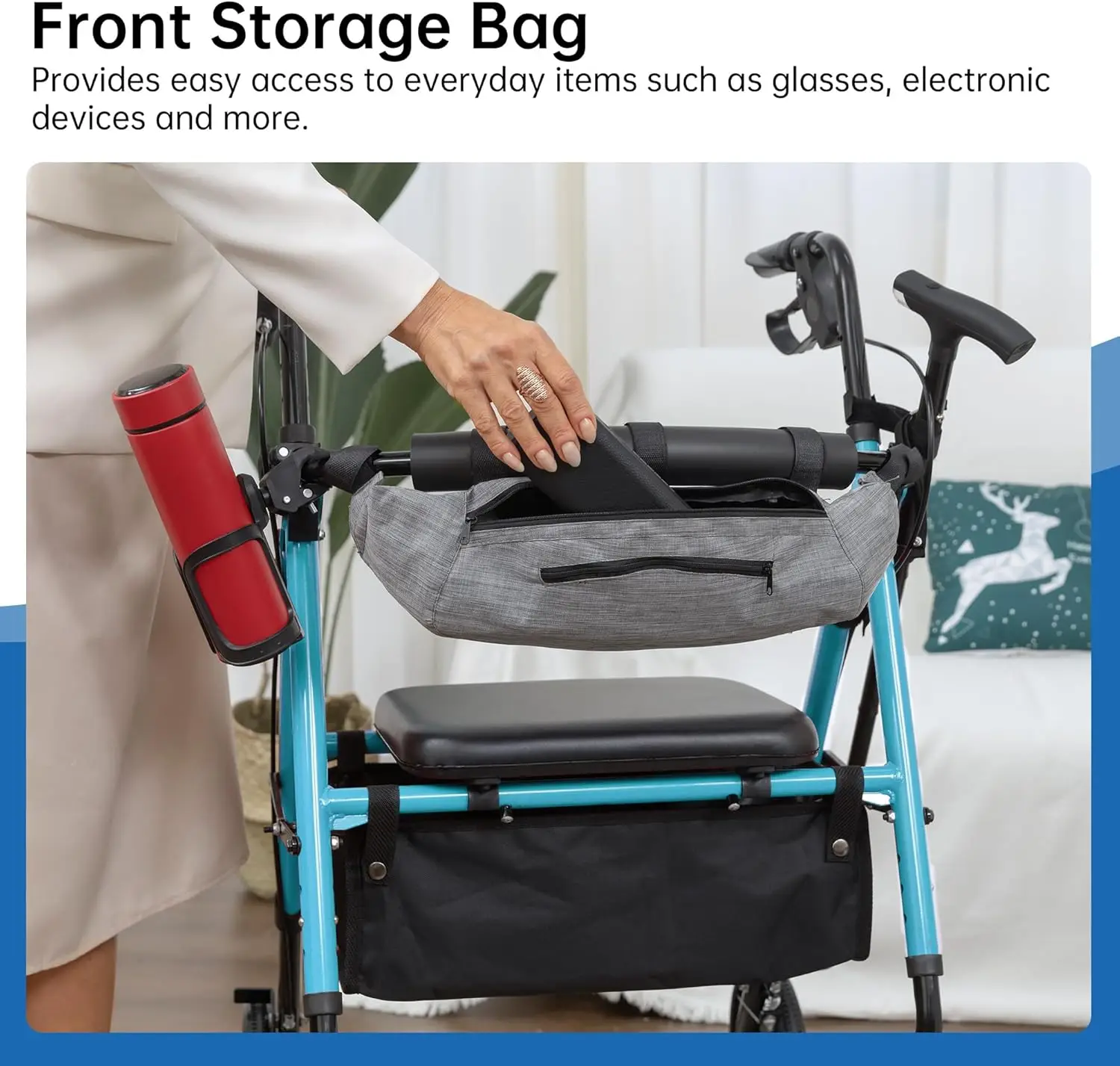 

Rollator Walker with Padded Seat and Backrest with Front Storage Bag, 10” Wheels for Adults and Seniors, Light Blue