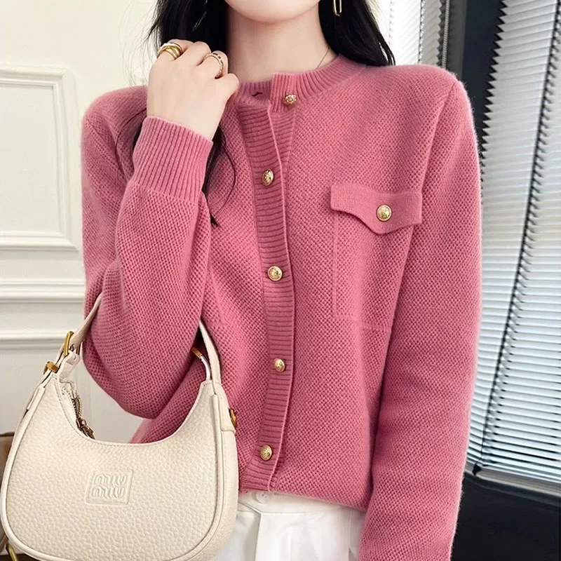 

Knitted Sweater Women Cardigans New Long Sleeve O-Neck Solid Knit Sweater Cardigan Women Tops Knitwears Sueters De Mujer Q1387