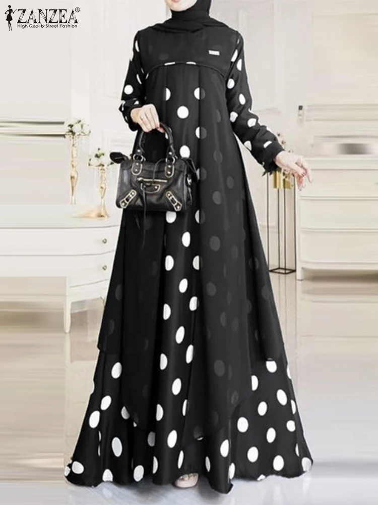 Elegant O-Neck Long Sleeve Muslim Sundress ZANZEA Women Polka Dots Printed Dress Casual Loose Robe Femme Turkey Abaya Vestidos