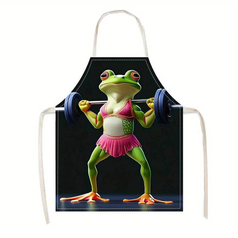 1pc/Funny Bodybuilding Frog Apron with Barbell Print 3D Cartoon Design Kitchen Cooking Baking BBQ Work Wear Novelty Gift for Men