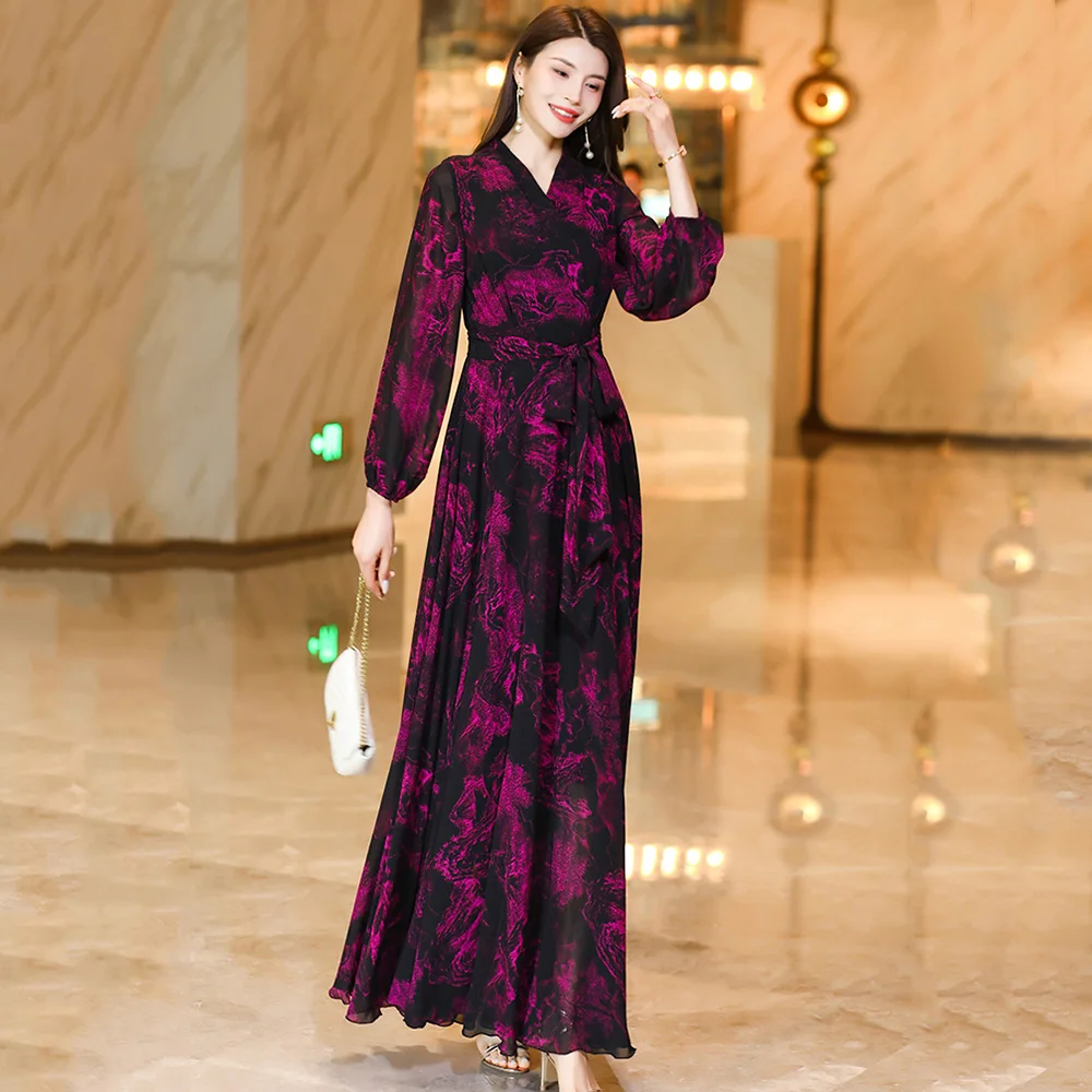 New Women Summer Long Floral Dress Fashion V-Neck Long Sleeve Slim Waist Print Dress Elegant Ankle-Length Holiday Dress