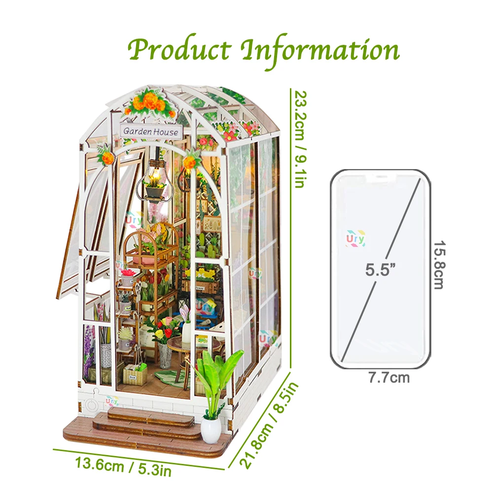 3D Wooden Miniature Greenhouse Book Nook with LED Lighting 2