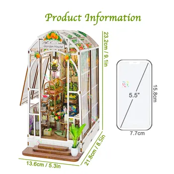 3D Wooden Miniature Greenhouse Book Nook with LED Lighting 2