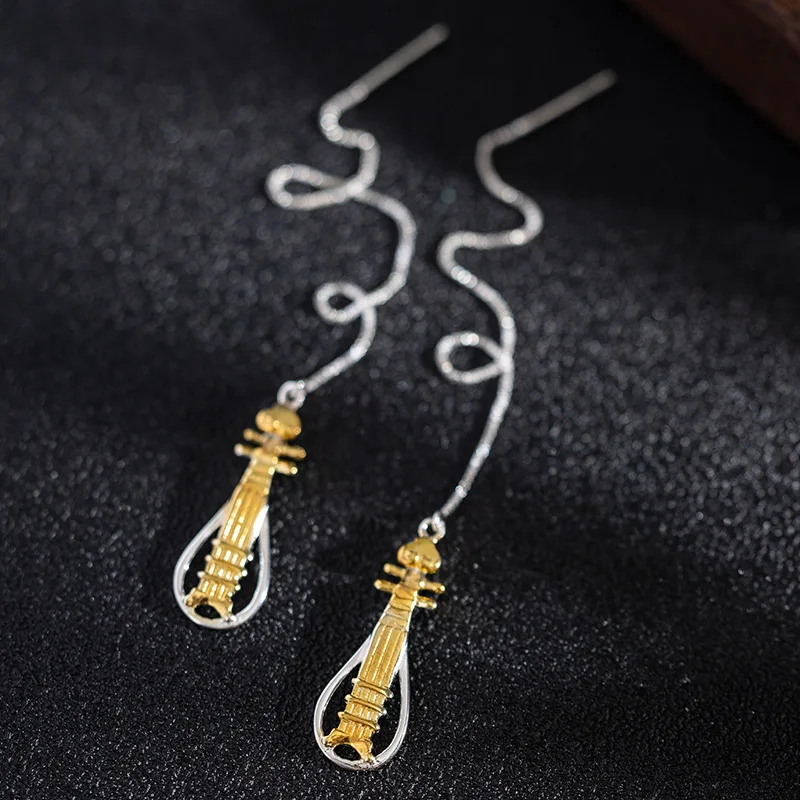 

Классические золотые серьги Pipa, ювелирные изделия ручной работы из серебра S925, оригинальные серьги в китайском стиле, изысканные и универсальные длинные