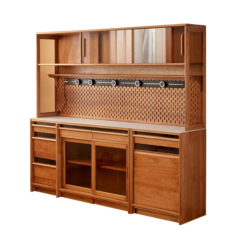 

Nordic simple solid wood cherry wood rock slab dining side cabinet integrated against the wall black walnut large-capacity