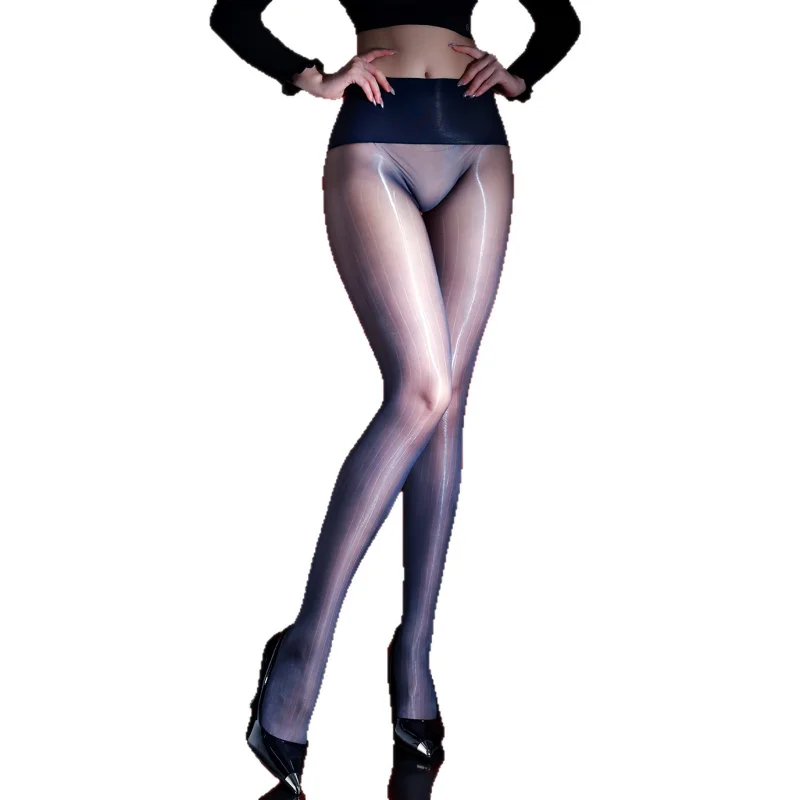 Women Sexy Fine Vertical Stripes Stockings Invisible Seamless Crotch Pantyhose Ultra-Thin Oil Shiny Glossy Elastic Aurora Socks