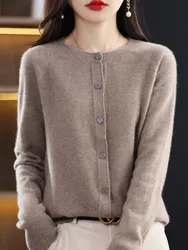Spring Autumn Women Sweater 100% Merino wool O-Neck Knitwear Classic Solid Cardigan Long Sleeve Clothing Tops Casual Outerwears