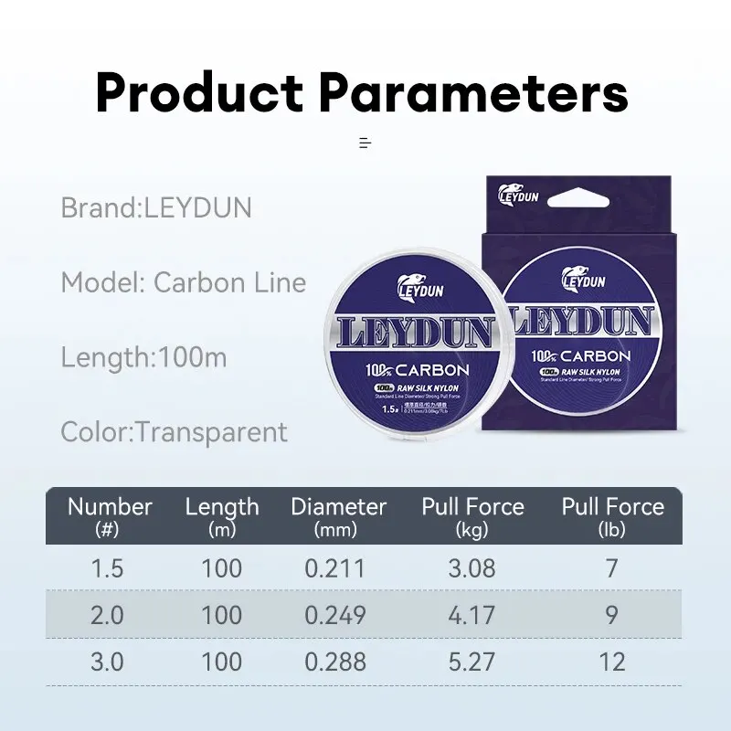 LEYDUN 100% Carbon Fishing Lines 100m Carbon Fiber Leader Fly Fishing Line Super Soft Line Monofilament Sinking Line Sea Pesca