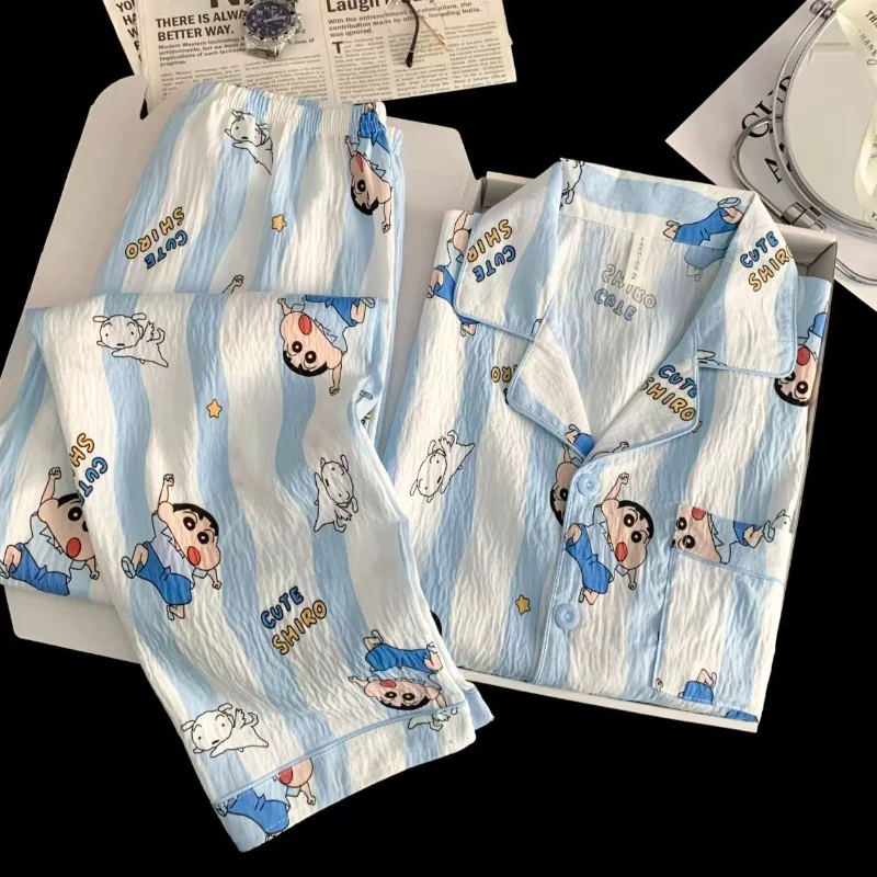 2026 Women Cartoon Crayon Shin-Chans Pajamas Long Sleeve Long Pants Thin Home Clothing Femme Korean Girls Casual Soft Sleepwear