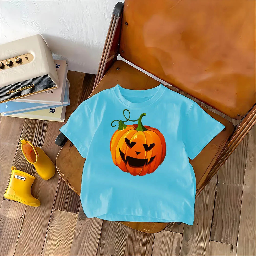 T-shirt estiva in puro cotone per bambini di Halloween Cartoon stampato zucca ragazzi e ragazze bambini sciolti e comodi per il tempo libero