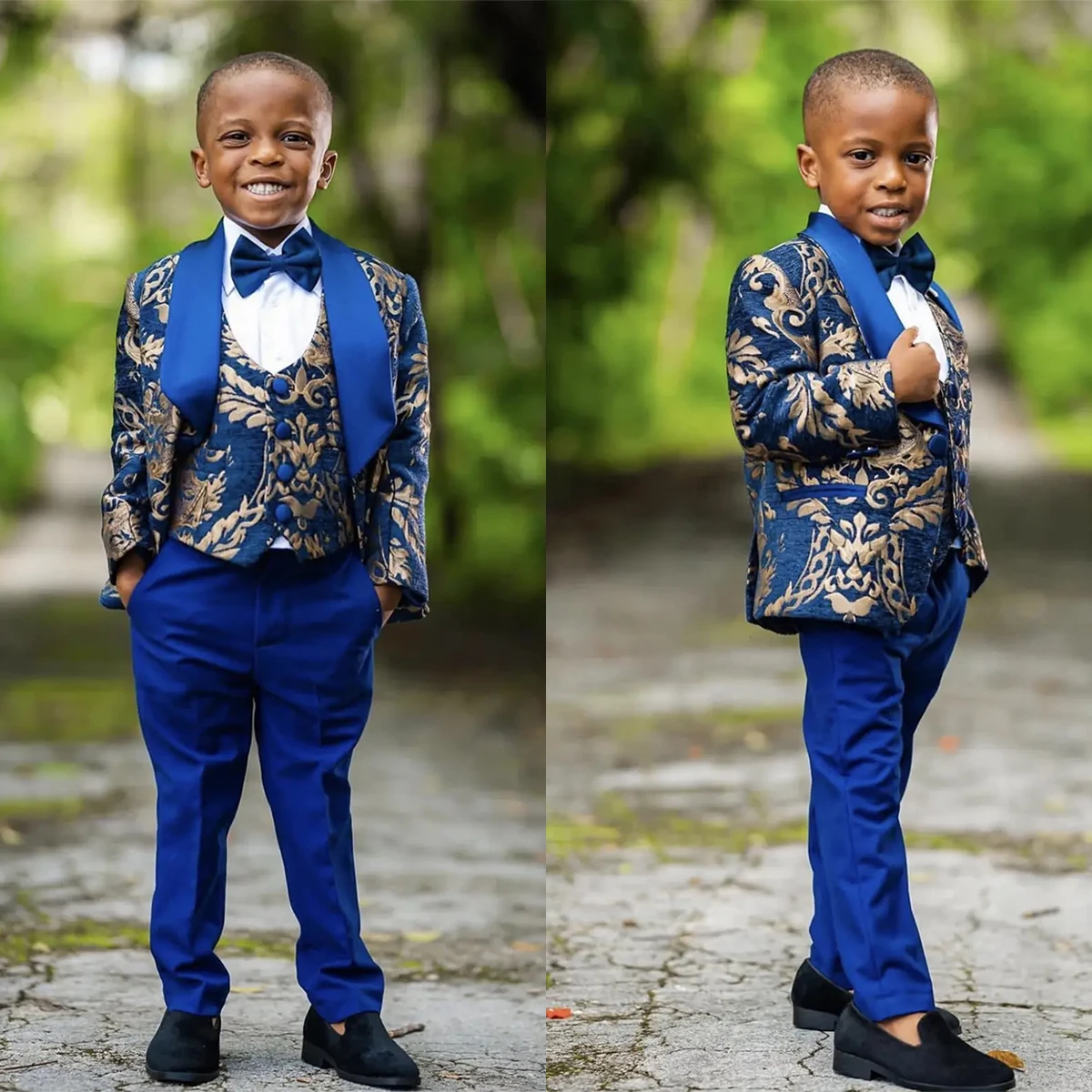 Trajes de niño con patrón Floral azul marino, esmoquin de cena para niños pequeños, fiesta de boda, graduación, ropa de cumpleaños, chaqueta, pantalones, chaleco, 3 piezas