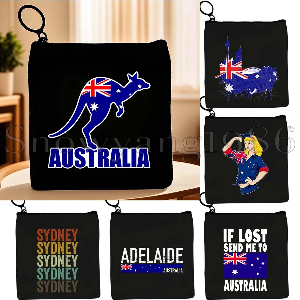 Sydney Australia Flag Map Adelaide Cute Kangaroo Australian Gifts Canvas Key Coin Purse Black Square Storage Card Bag Wallet