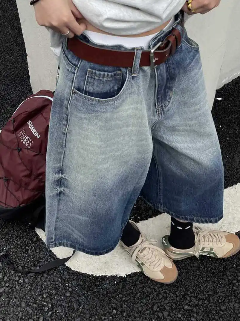 

Retro American Gradient Denim Seven-Foot Pants Women's High Waist Loose Slimming Mid-Pants Faded Wide Leg Shorts Summer