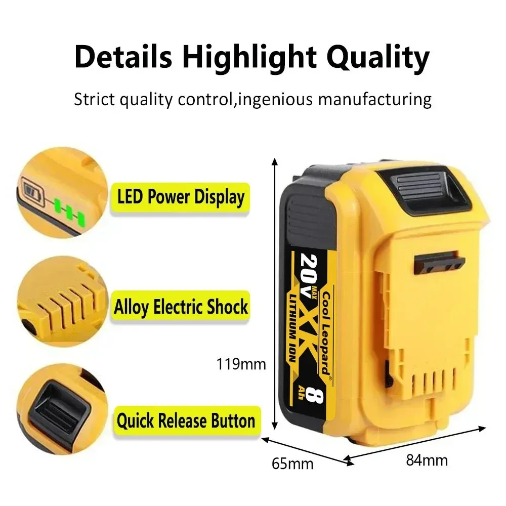 Original DCB200 8.0Ah Lithium Replacement Battery For Dewalt DCB182 DCB201 DCB205 Battery Compatible 20V 8Ah Battery for DeWalt