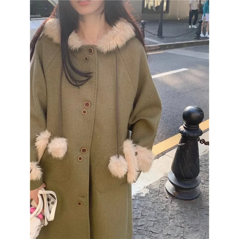 Sweet Hot Girl Woolen Coat Women's Autumn and Winter Forest Green Cloak Medium Length Hooded Woolen Coat Fashiom Female Clothes