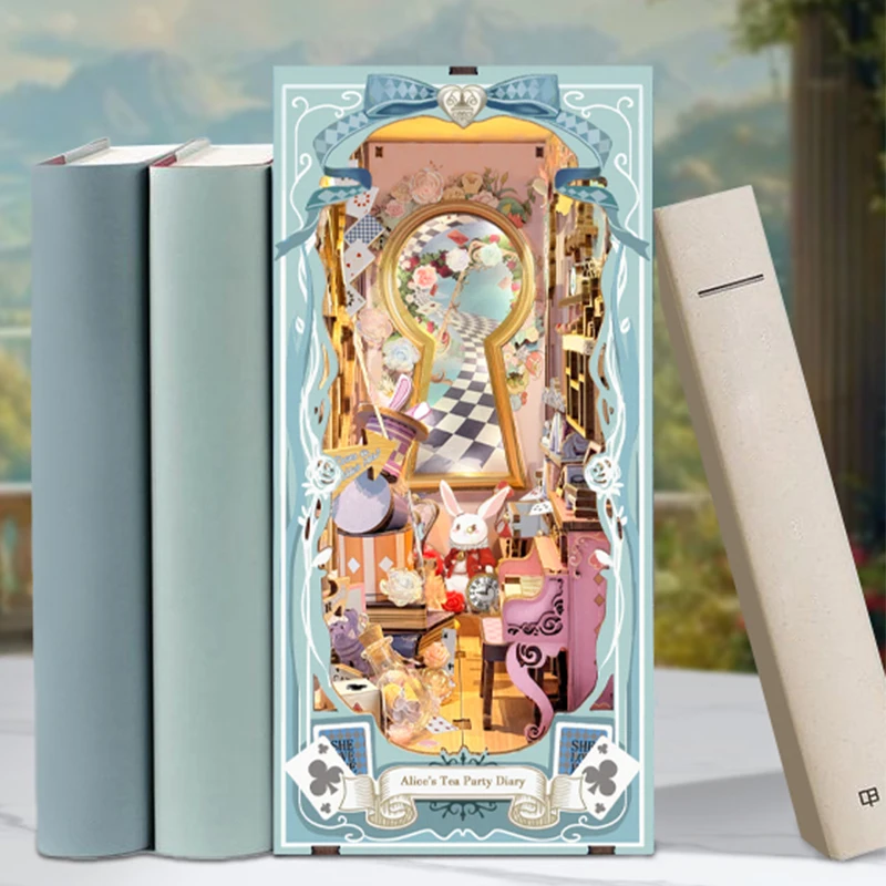 Coin de livre à monter soi-même, Kits de modèles miniatures en bois, serre-livres pour journal intime de fête de thé d'Alice, Puzzle 3D avec lumière LED, cadeau d'anniversaire pour amis