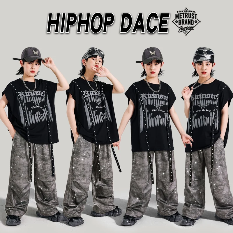 Jazz danse scène porter garçons noir haut de danse Shuffle pantalon Hip Hop pantalon enfants rue danse tenue mode Streetwear 1896