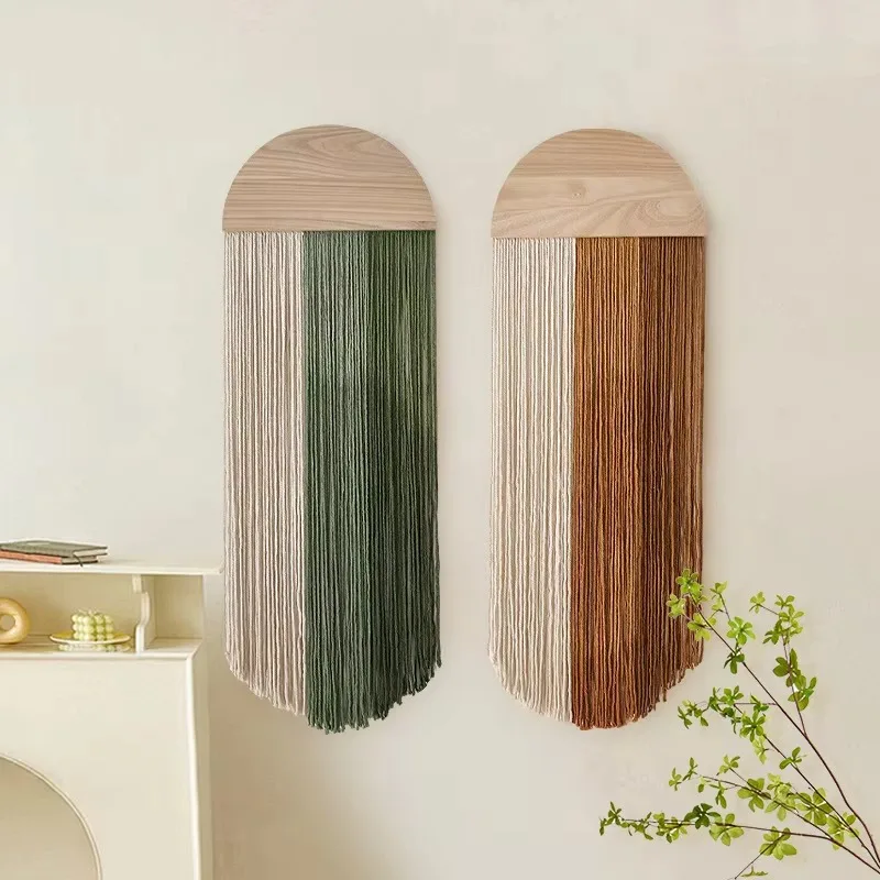 1pcs Handwoven Tassel Tapestry with Half Round Wood Board - Wall Decor for Living Room & Guesthouse