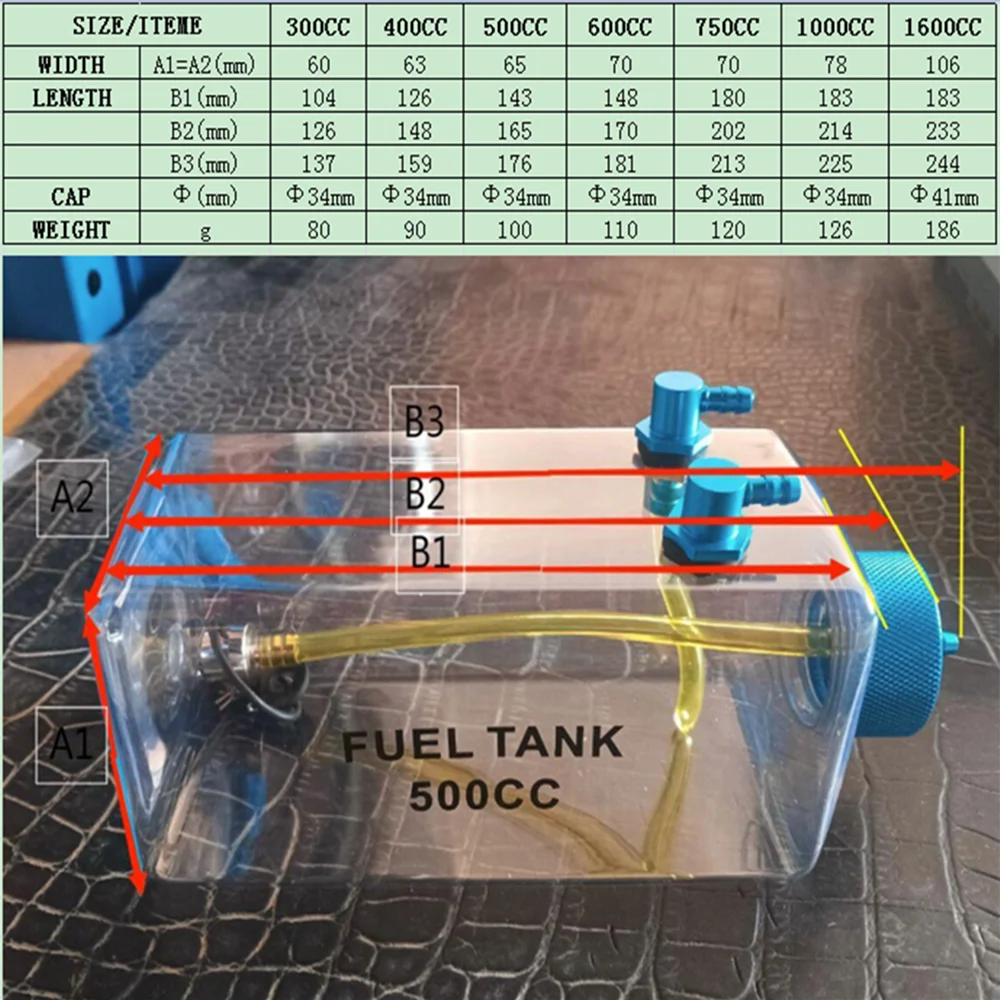 Plástico RC Tanque de Combustível com CNC Alu Tampa, Mais Transparente, RC Modelo Planes, Aviões Peças, Nitro e Gasolina Avião, 300-1600CC