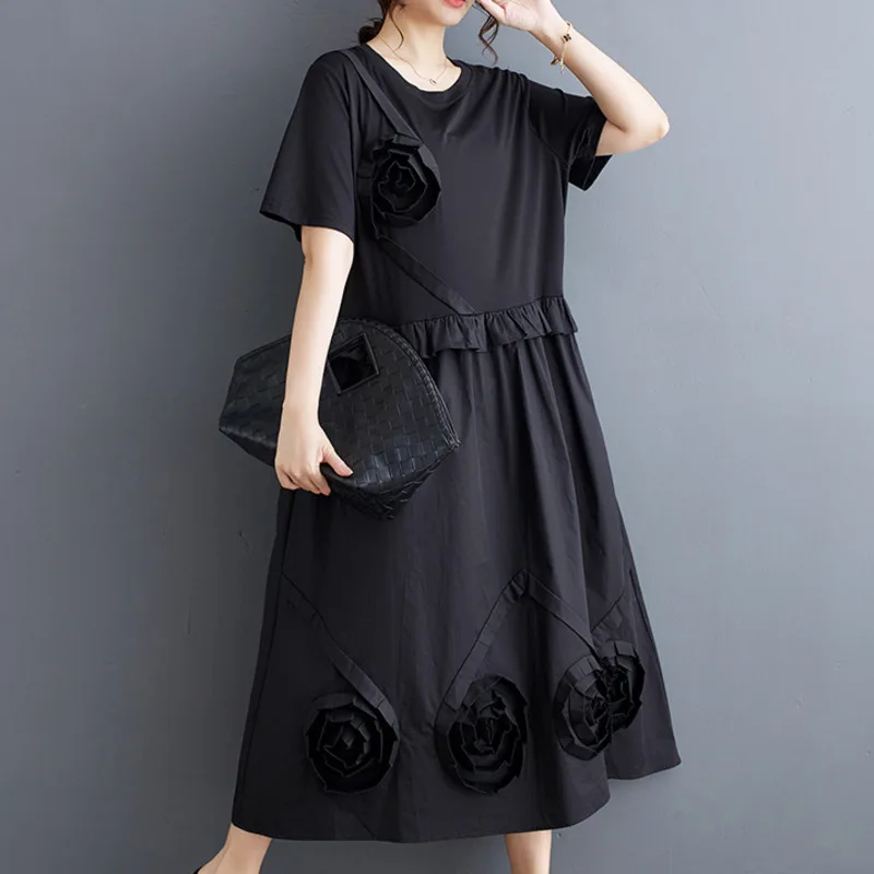 Robe T-shirt Manches Courtes, Noir, Patchwork, Fleur, At, Ligne A, Fendue, Streetwear, Longue, Taille Haute, #3874