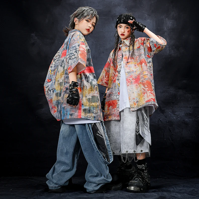 Kids Vintage Shirts Printed Streetwear Hip Hop Oversized Colorful Loose Shirts Short Sleeve Button Up Blouse Tops Age 4-14Y