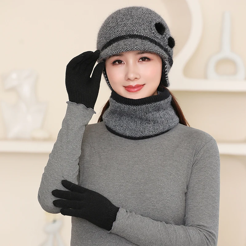 Set di guanti per sciarpa con cappello invernale da donna mantieni caldo spesso elegante moda femminile 3 pezzi Set berretti invernali guanti per