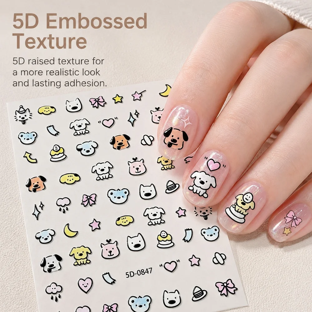 1Pc Cute Line Cartoon Puppy 5D Embossed Nail Stickers Self‑Adhesive Cat Moon Cloud Pattern Decal For Daily Nail Art DIY Creation