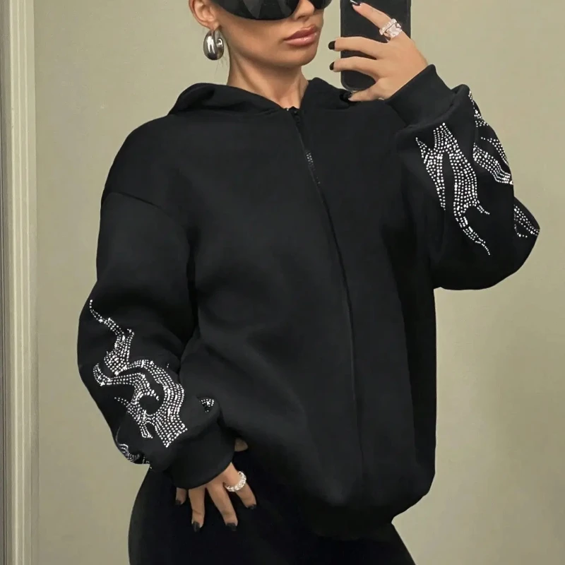 Flamme Muster Strass Mode Lässig Hoodies Gothic High Street Schwarz Vintage Trend Frauen Lange Sleeve Zipper Strickjacke Mantel