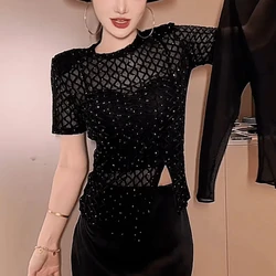 Rhinestone Check Summer 2024 Women's New Pullover O-Neck Spliced Sequined Gauze Fashion Solid Color Slim Short Sleeved Tops