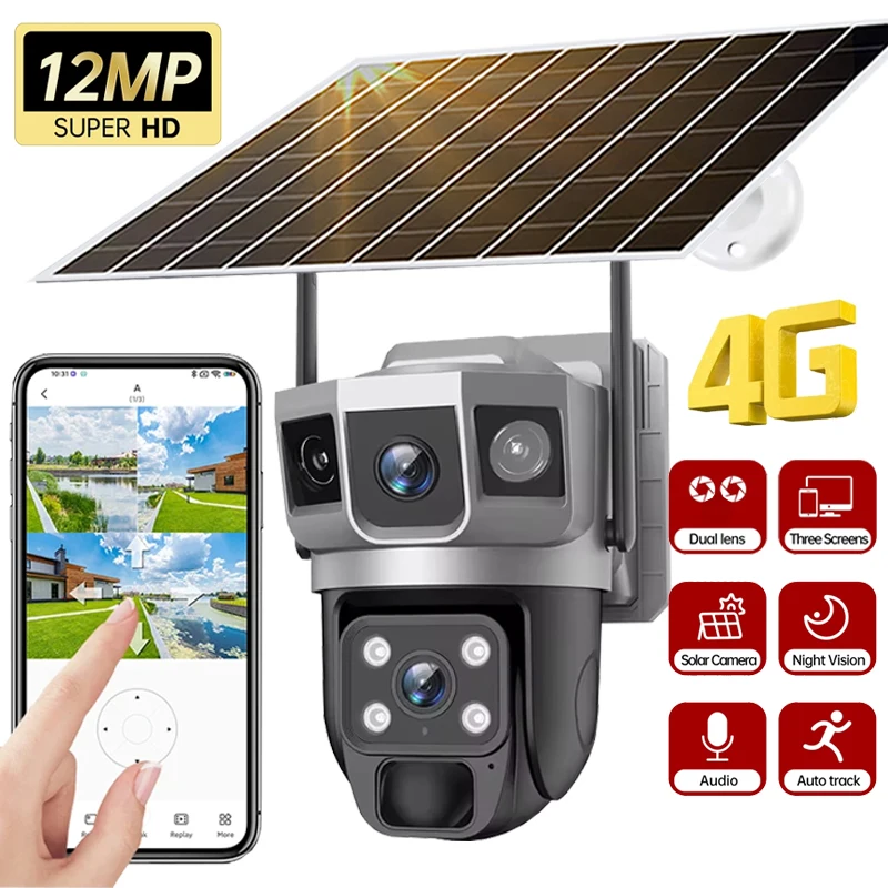 

6K Solar Camera 12MP With 4G SIM Card Dual Lens Three Screen Surveillance PTZ Built-in Battery Color Night Vision PIR Detect Cam