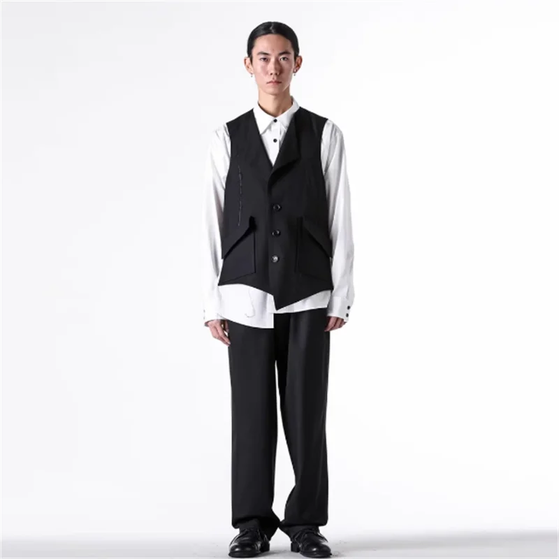 2025 Asymmetric Lower Hem Design Single-Button Large Pocket Jacket Black Large-Sized Suit Collar Sleeveless Coat