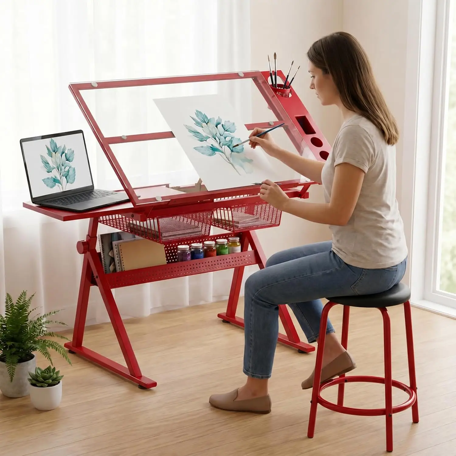 Drafting Table, 0-75° Tilting Glass Tabletop Drawing Table with Stool - Adjustable Height Art Desk with Multi-Storage for Sketch