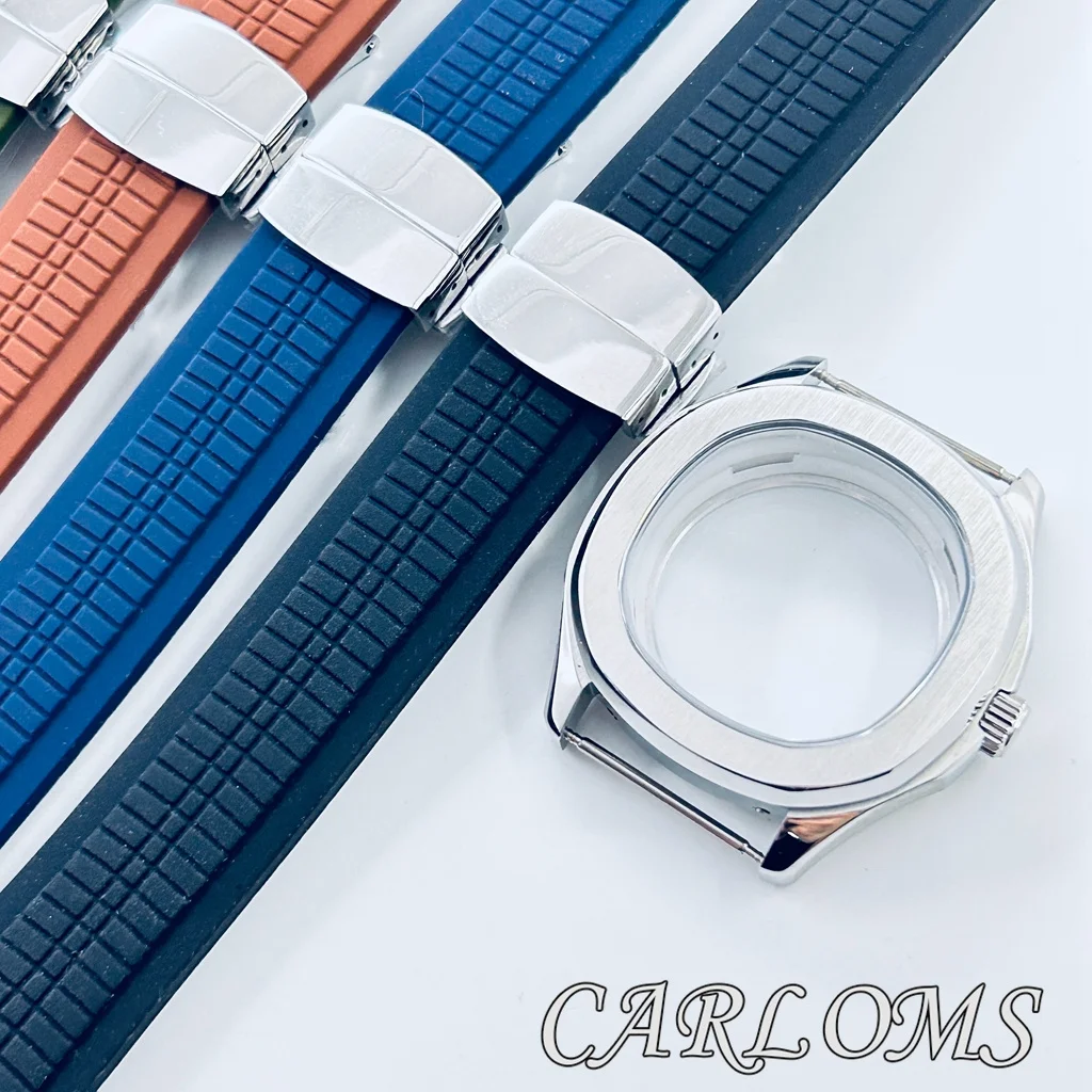 40mm Silver Watch Case for NH35 NH34 NH36 NH38 NH70 NH72 Movement Aquanaut Style Sapphire Glass Rubber Strap