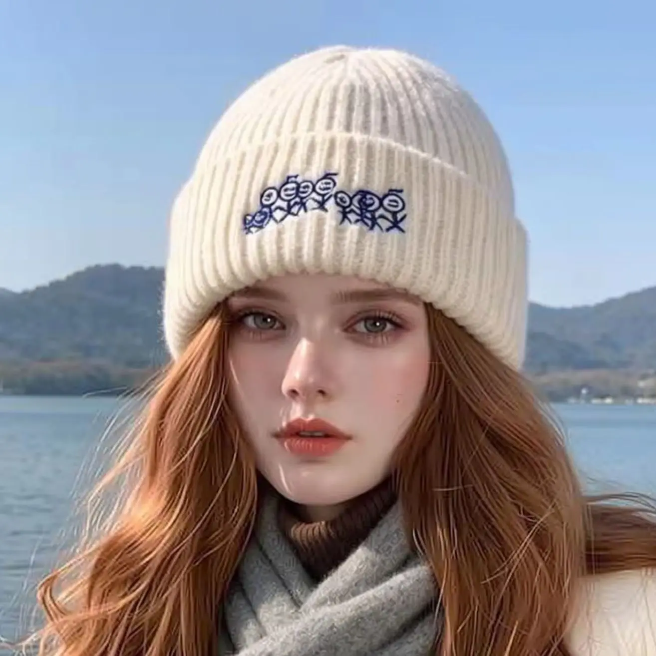 Stick Figure Embroidered Knitted Beanie, Fall Winter Warm Unisex Cold Weather Cap for Street Outdoor Daily Casual Commute Wear