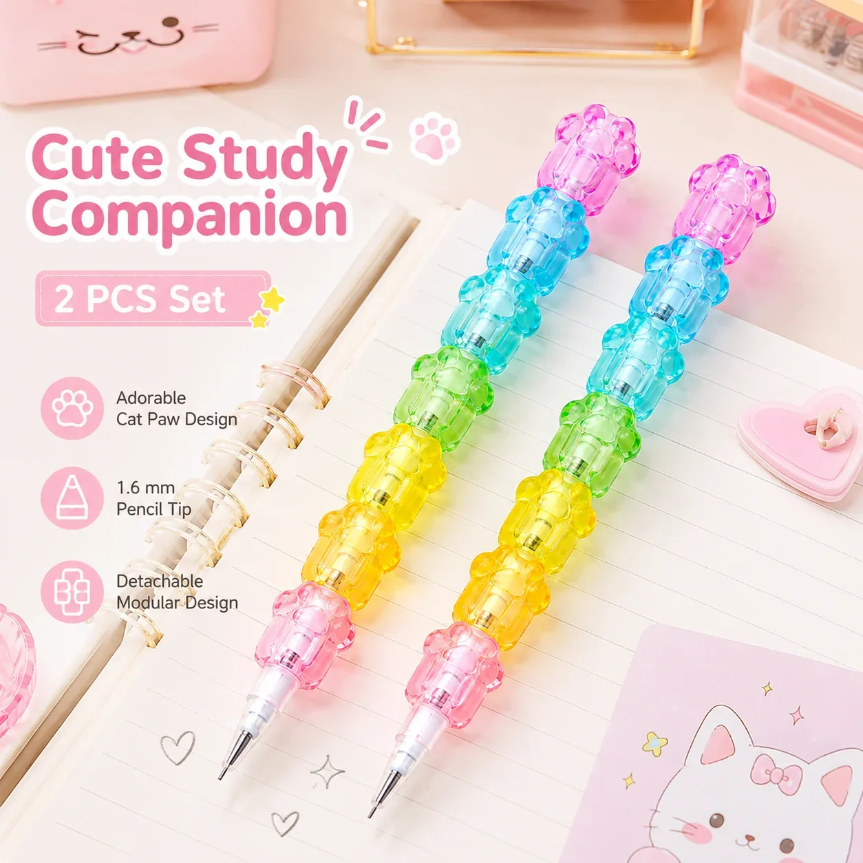 Cat Paw Design Mechanical Pencil, 1.6mm HB Thick Lead Refillable Pencil, Detachable Bead Pen for Elementary Students