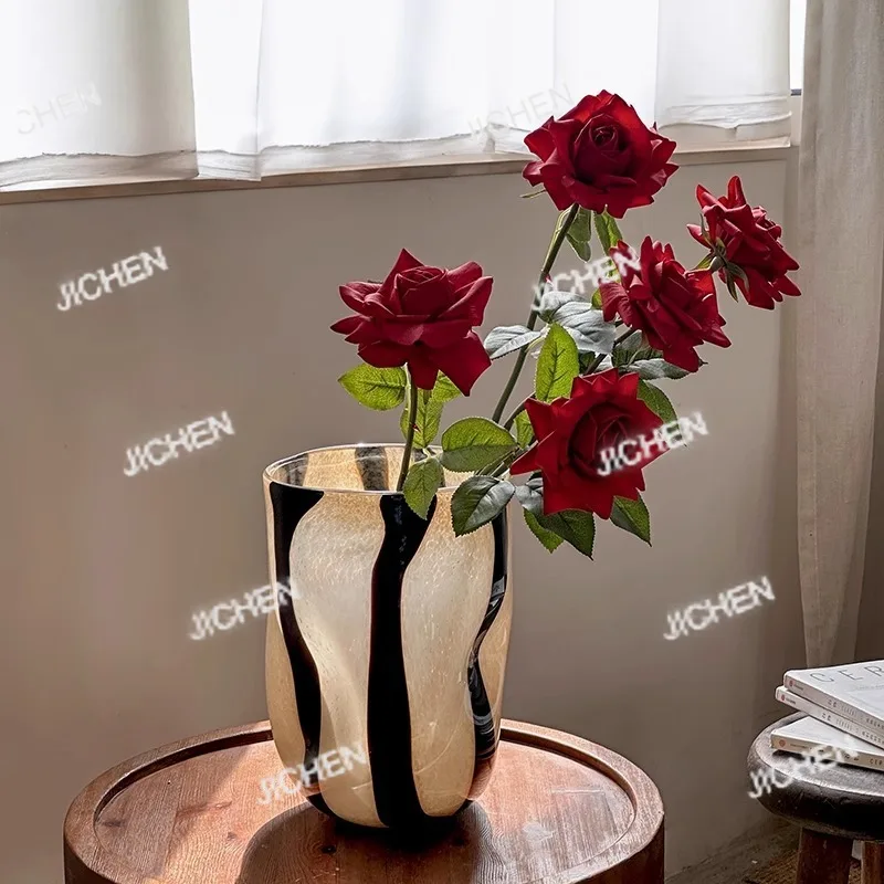 

French retro striped glass vase, medium and ancient style living room flower arrangement ornament, waking flower bucket