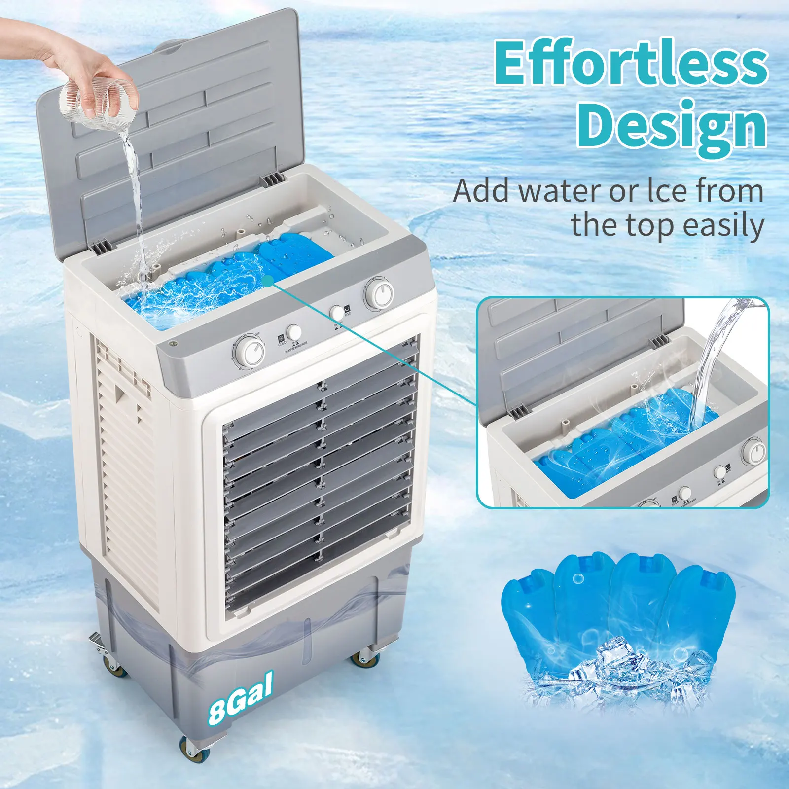 Mechanical Air Cooler Fan with 4 Ice Crystals & Universal Casters, Portable Evaporative Cooler for Home & Office