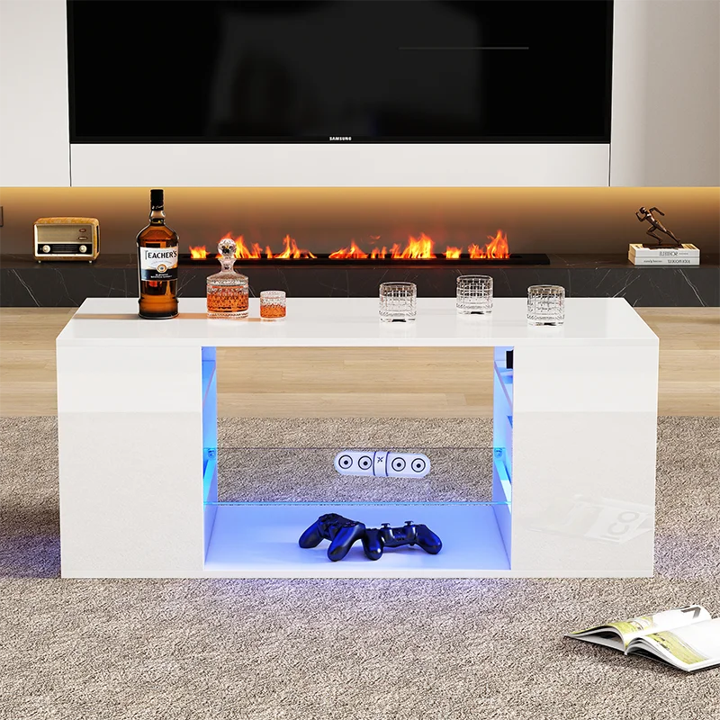 High Gloss coffee table with Glass, LED coffee table tables, White coffee Table, Multiple Storage Places, 96x45x45 cm