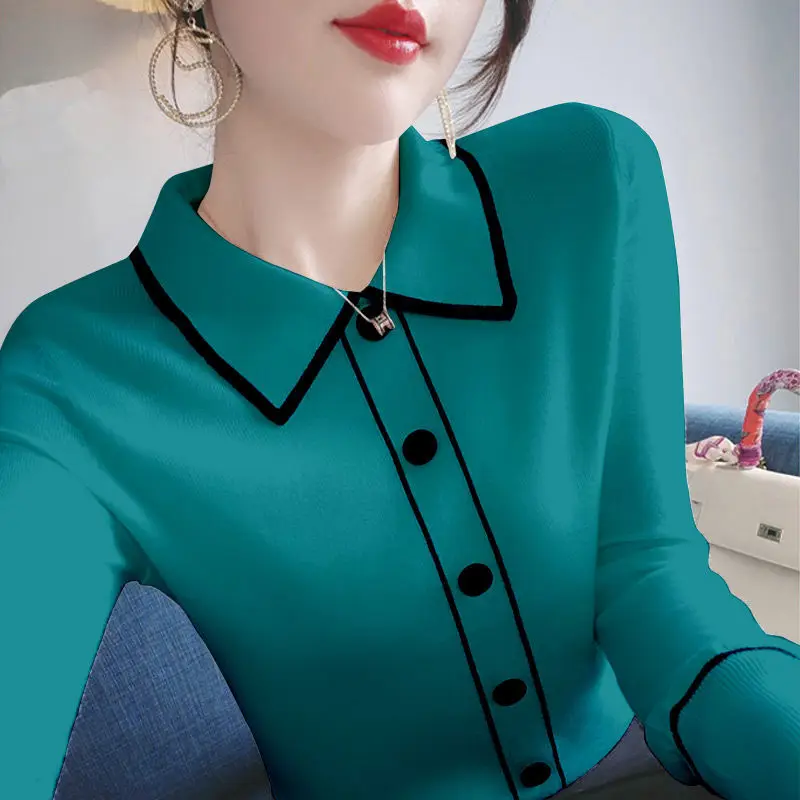 Fashion Lapel Spliced Button All-match Knitted Blouse Women\'s Clothing 2022 Autumn New Casual Pullovers Loose Office Lady Shirt