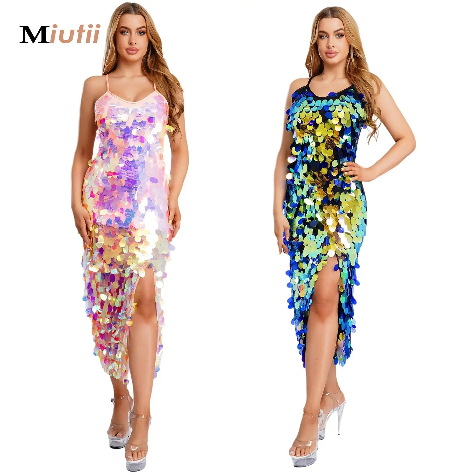 

Women Sequin Tassel Latin Dance Dress Tango Salsa Rumba Ballroom Mermaid Costume Backless Cutout Cocktail Party Flapper Dress