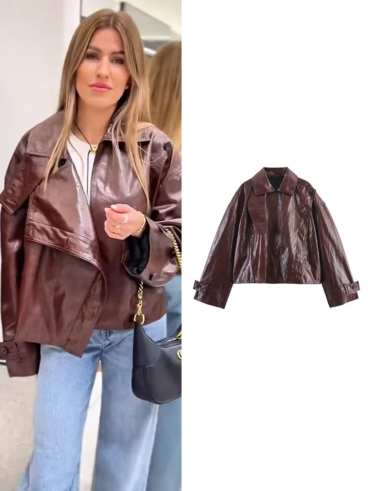 เสื้อโค้ทหนังเทียมผู้หญิงใหม่ ฤดูใบไม้ร่วง 2025 สไตล์ลำลอง ทรงหลวม เสื้อแจ็คเก็ตหนังเทียมสไตล์วินเทจ แขนยาว