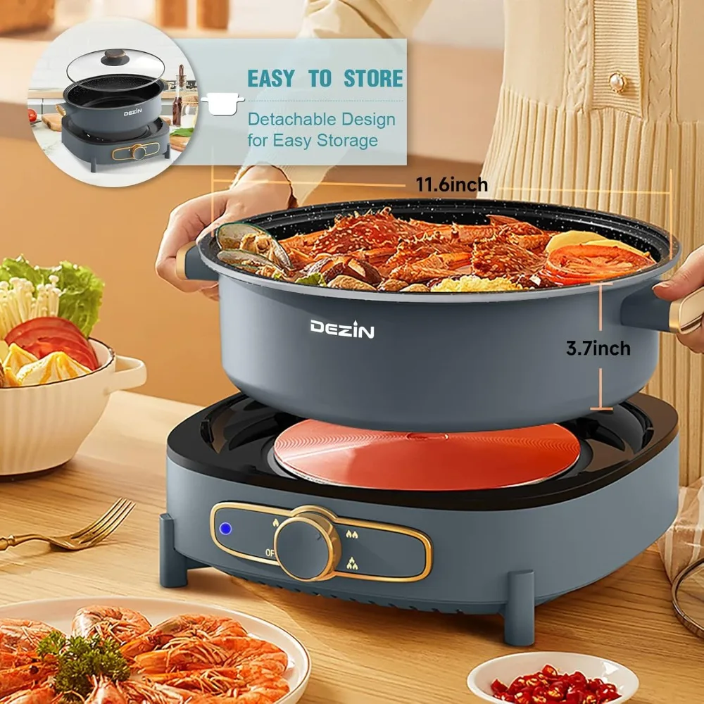 5L Non-Stick Hot Pot Electric with Multi-Power Control, 3.7" Depth Electric Pot with Tempered Glass Lid for Party