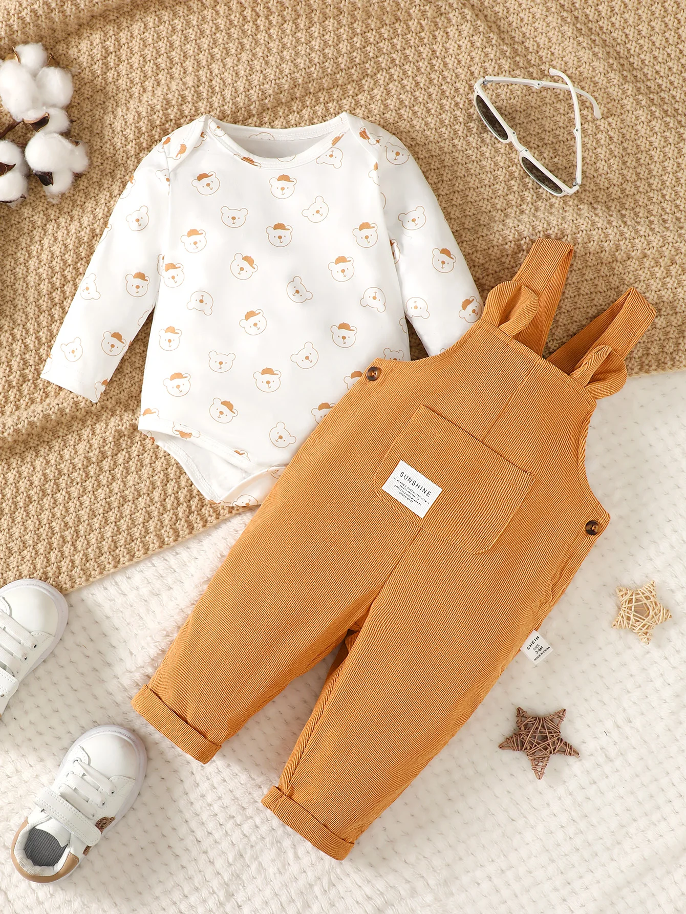 2PCS Infant Baby Boy Clothes Set Cute Bear Head Print Long Sleeve Bodysuit+Strap Spring&Autumn Suit for Toddler Boy 0-2 Years