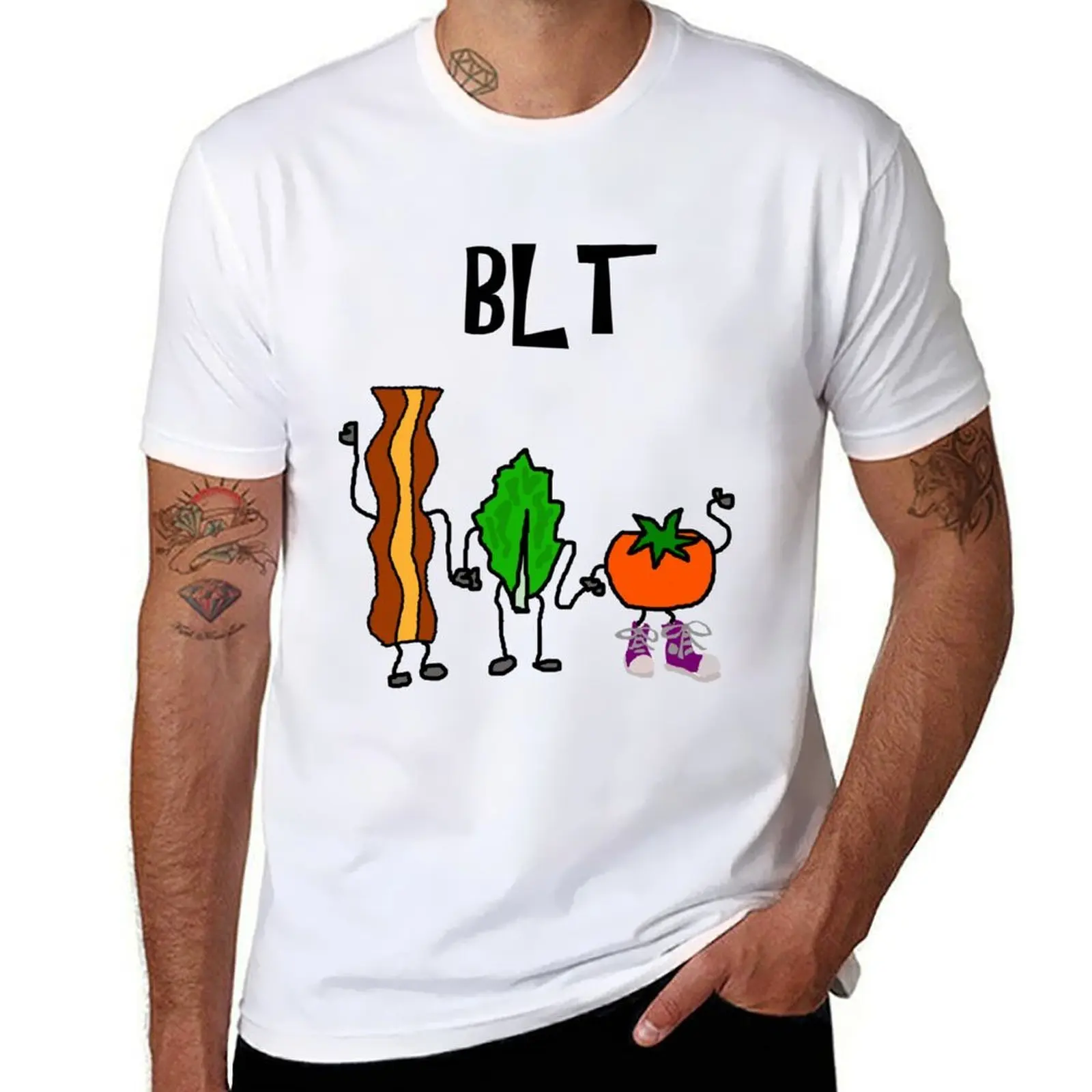 

Funny Bacon, Lettuce, and Tomato Cartoon Characters T-Shirt man t shirts graphic t shirt custom print T-Shirt