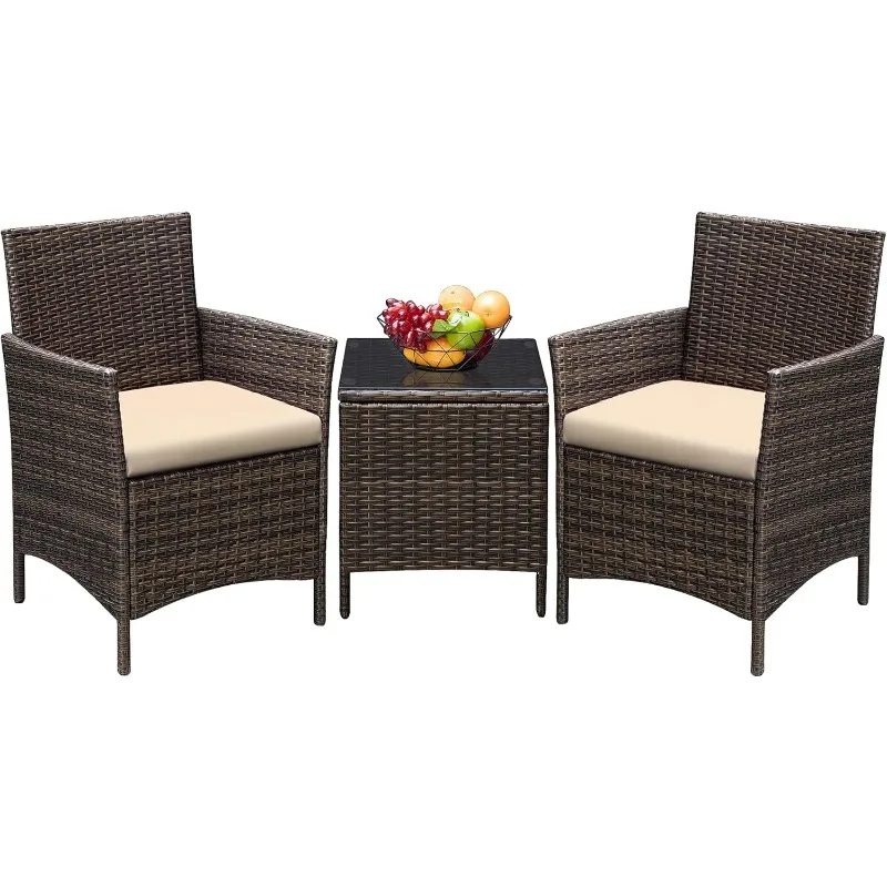 

Greesum 3 Pieces Patio Furniture Sets Outdoor PE Rattan Wicker Chairs with Soft Cushion and Glass Coffee Table Brown and Beige