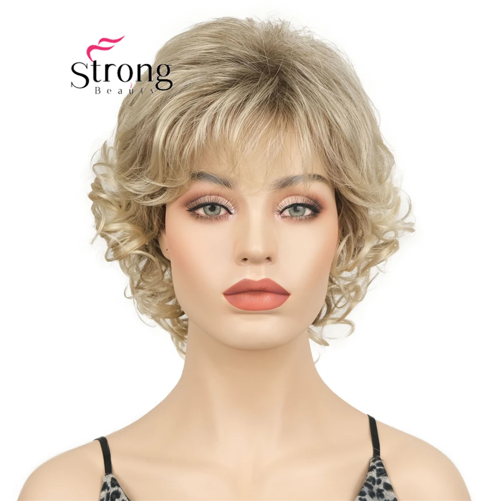 Short Blonde Curly Wigs for White Women Layered Ombre Blonde Pixie Cut Wig with Bangs Natural Looking Synthetic Full Wigs