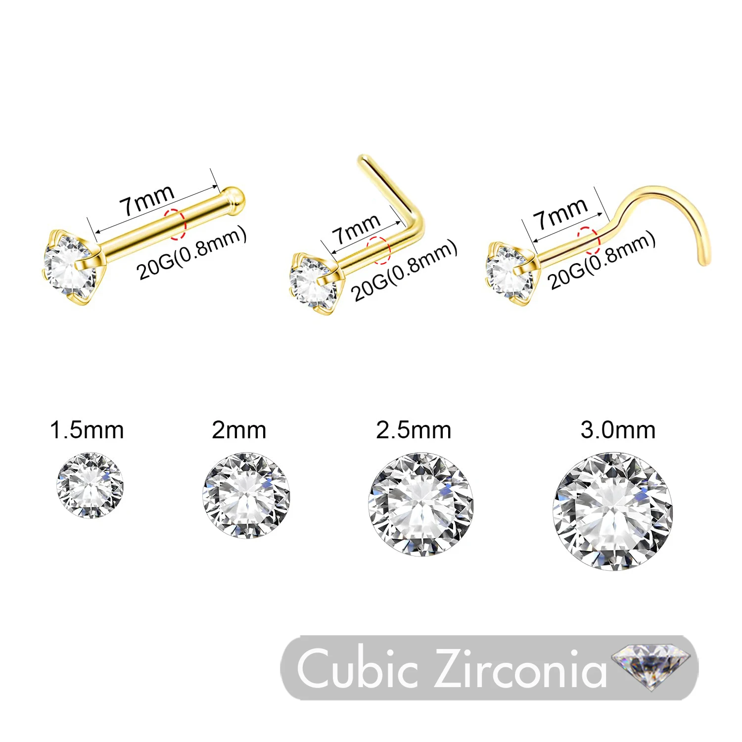 CZ Gem Stainless Steel Nose Piercing Studs, 5Pcs Set