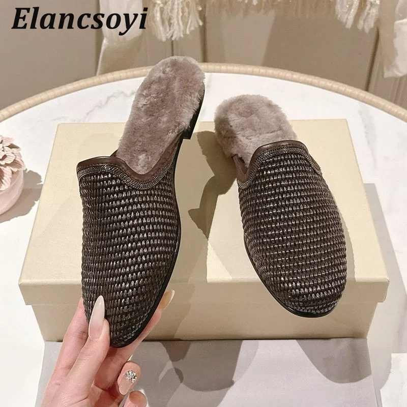 Flat Slippers Women Knit String Bead Lazy Mules Shoes Closed Toe Half Slipper Autumn Winter Real Wool Lining Warm Casual Shoes