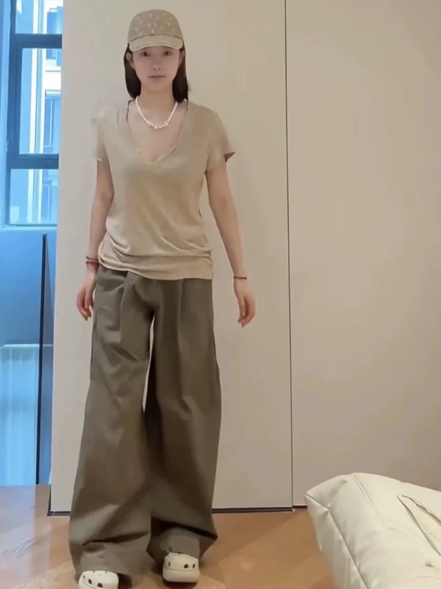 

Casual Wide Leg Workwear Straight Leg Pants Pleated Loose Slimming Floor-Length Trousers Street Style Low Waist Cotton Blend